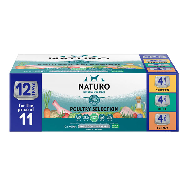 Naturo Grain Free Complete Wet Dog Food Trays Adult Poultry Selection 12x400g