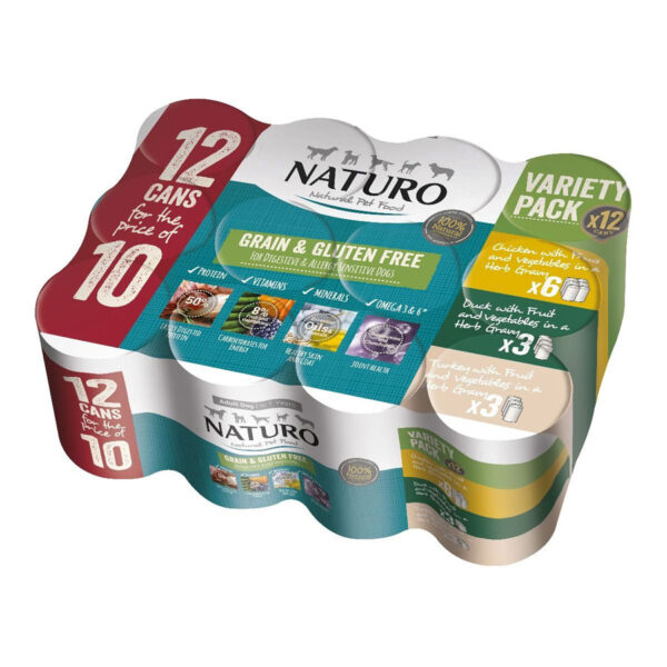 Naturo Grain Free Complete Wet Dog Food Tins Variety Pack 12x390g