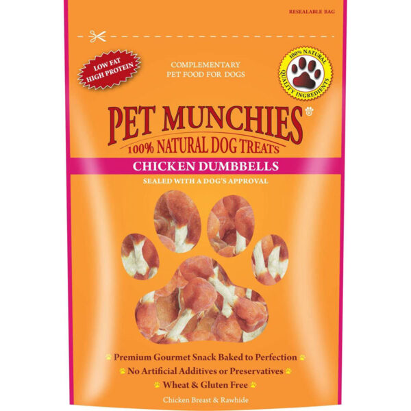 Pet Munchies Natural Dog Treats Chicken & Rawhide Dumbbells 80g